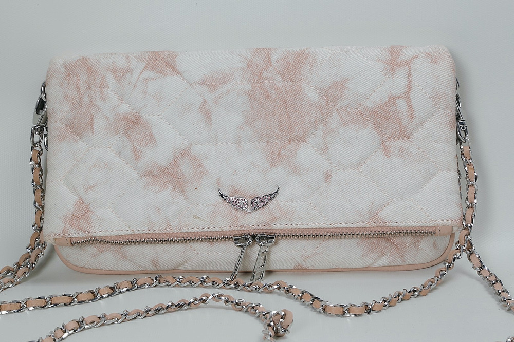 Zadig Voltaire Rock Clutch Bag Pink White Tie Dye Quilted Denim Chain Crossbody